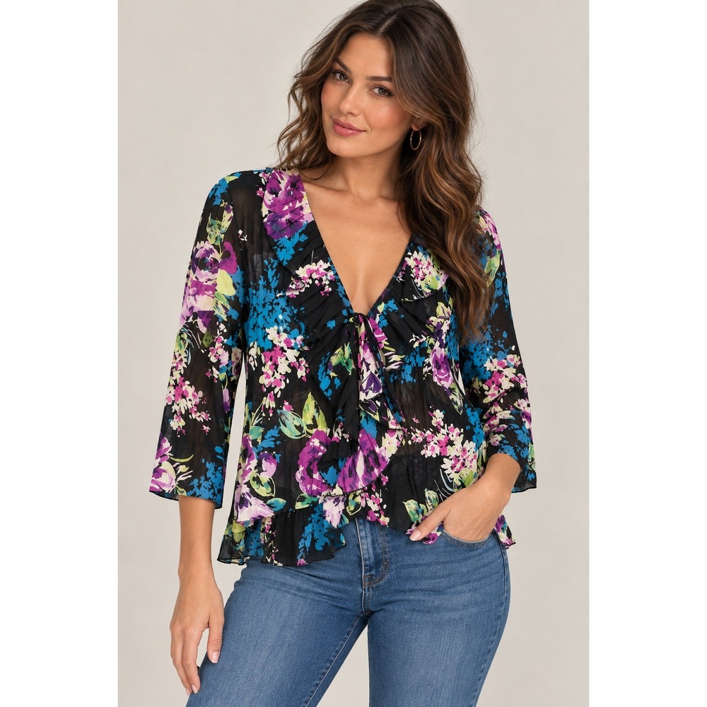 Y2K Whimsigoth Sheer Black Floral Ruffle Tie Front Blouse Large